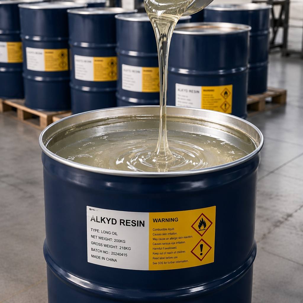 Alkyd resin in industrial drums at Union Chemical manufacturing facility