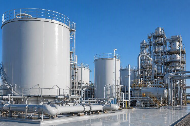 Industrial chemical plant with protective acrylic polyurethane coating on storage tanks and steel structures